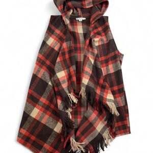 FAVLUX Women's  Red & Brown Plaid Hooded Fringe Vest - Size M